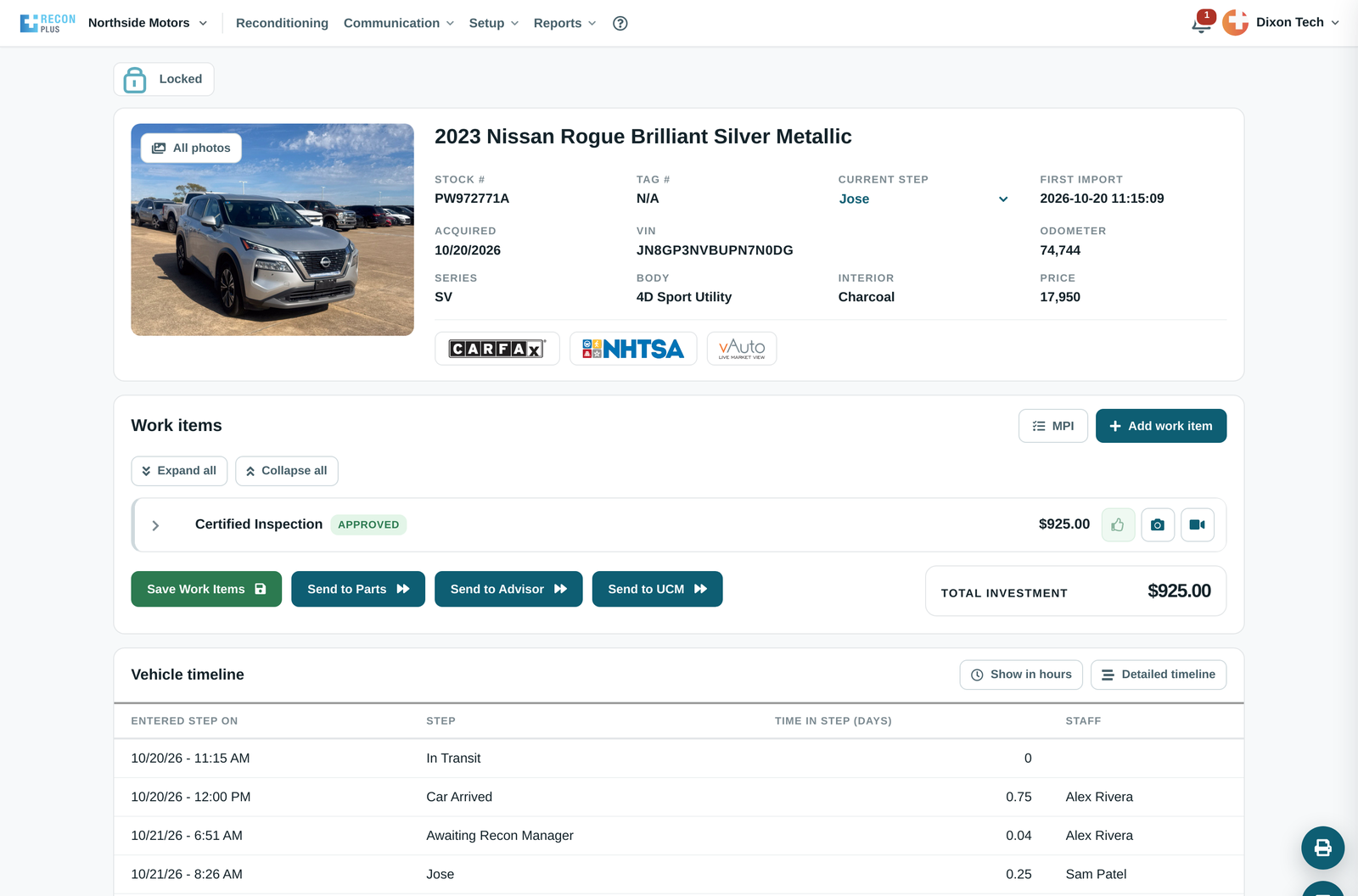 Vehicle page with total investment